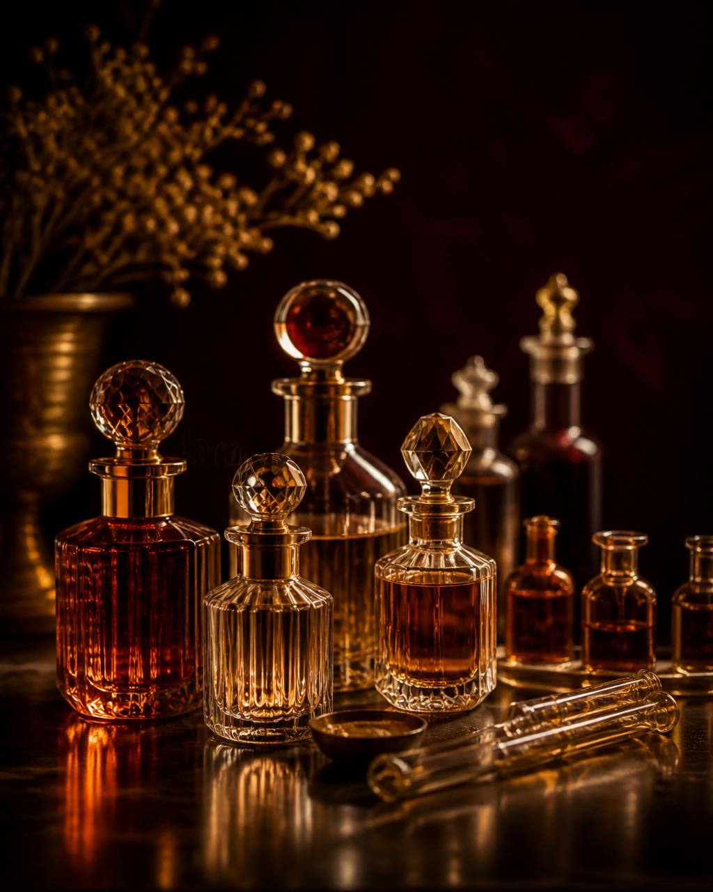 Frascos de perfume em vidro âmbar sobre superfície escura